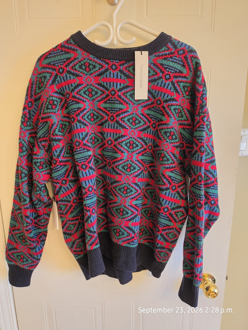 Aritzia TNA Multicolor Geometric Crewneck Sweater - Pink, Teal, Navy